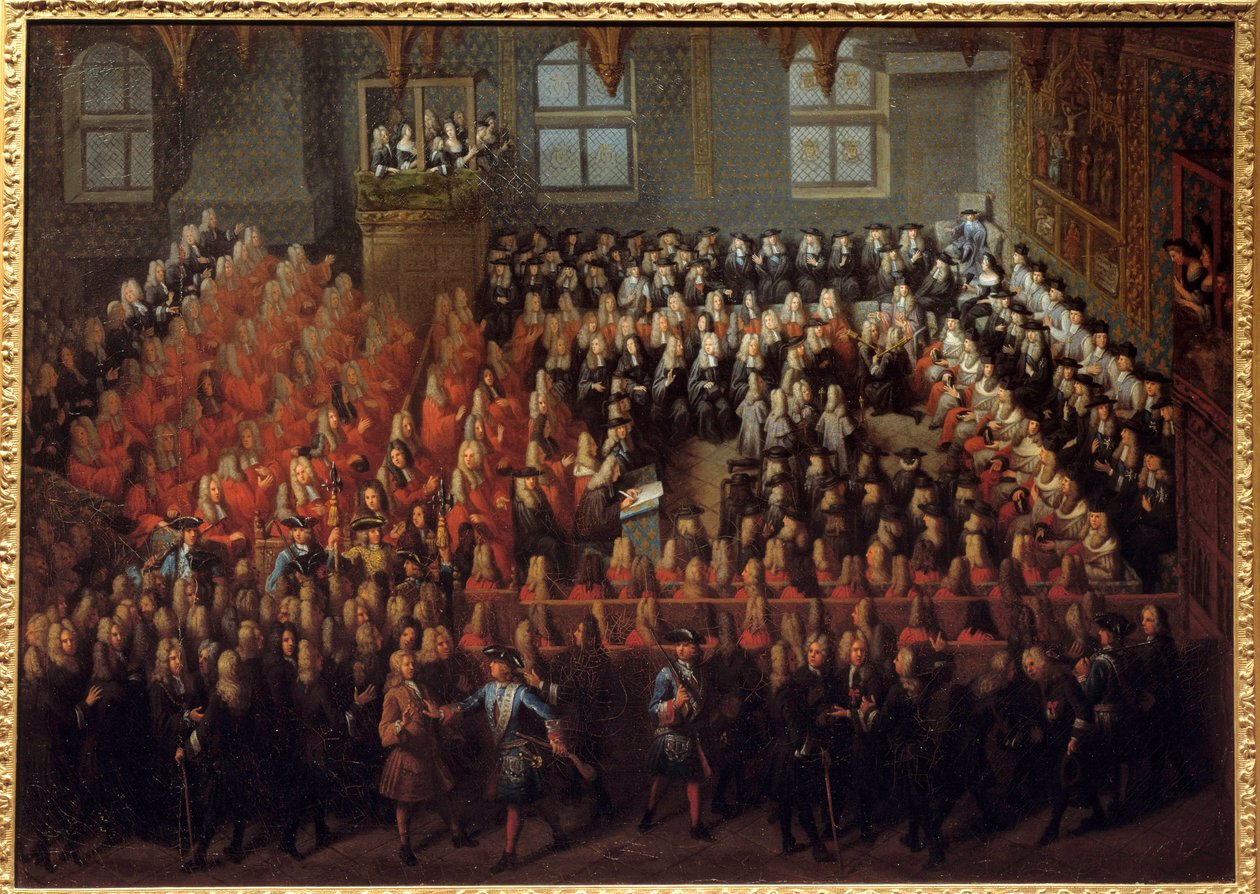 Bed of Justice held by Louis XV (1710-1774) in the Grand Chamber of the Parliament of Paris to break the will of Louis XIV (1638-1715) بواسطة لويس ميشيل دومسنيل