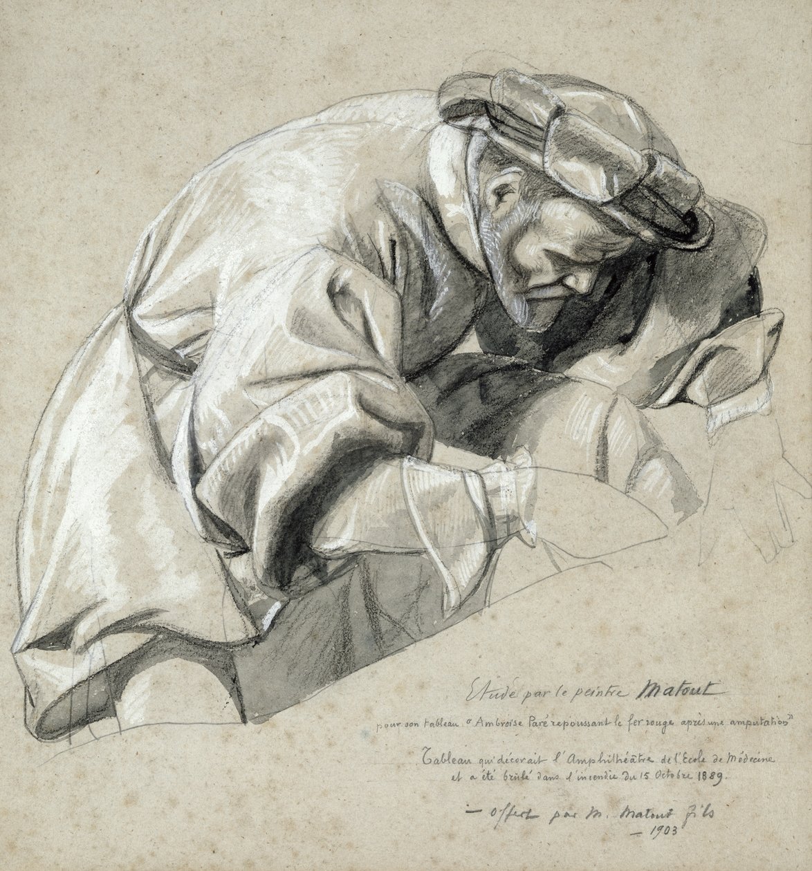 دراسة Ambroise Pare (c.1510-90) "أبو الجراحة الحديثة" (غسيل الفحم والطباشير الأبيض على الورق) بواسطة لويس نيكولاس ماتوت