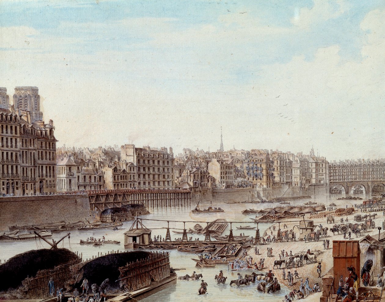 الحياة البحرية على أرصفة الميناء في باريس عام 1782 بينيش وأنشطة تجارية على نهر السين. التفاصيل. رسم لويس دي ليسبيناس (1734-1808) 1782. باريس ، متحف كارنافالي بواسطة لويس نيكولاس دي ليسبيناس