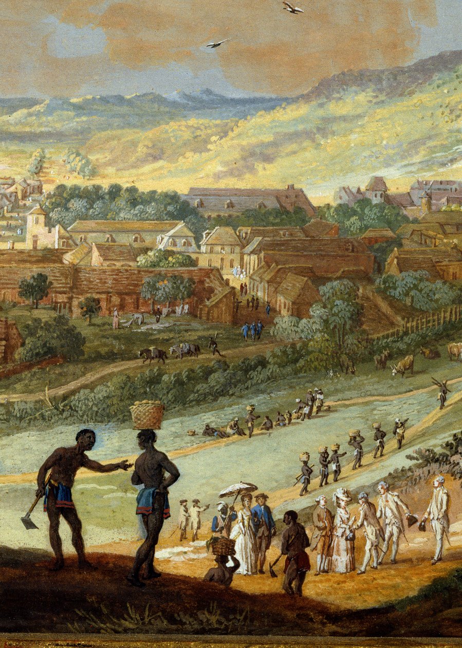 التفاصيل: "" منظر لمدينة Cape francais (Cap de la Republique) منظر التل في Santo Domingo "" التفاصيل. لوحة لويس نيكولاس فان بلارينبيرغي (1716-1794) 1779 لاروشيل ، متحف العالم الجديد. بواسطة Louis Nicolas van Blarenberghe