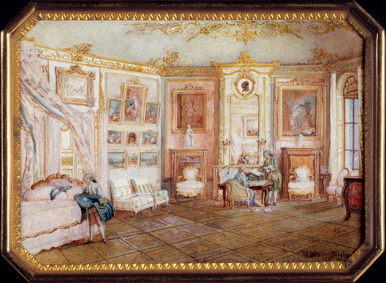 غطاء تاباتير من تصميم ألكسندر لوفير (حوالي 1806 - 1838) مزين بلوحة مصغرة من رسم لويس نيكولاس فان بلارينبيرغي (1716-1794) تمثل غرفة في عهد لويس الخامس عشر. حوالي عام 1770. الأحد 0،02x0،08x0،06 م باريس ، متحف اللوفر بواسطة Louis Nicolas van Blarenberghe