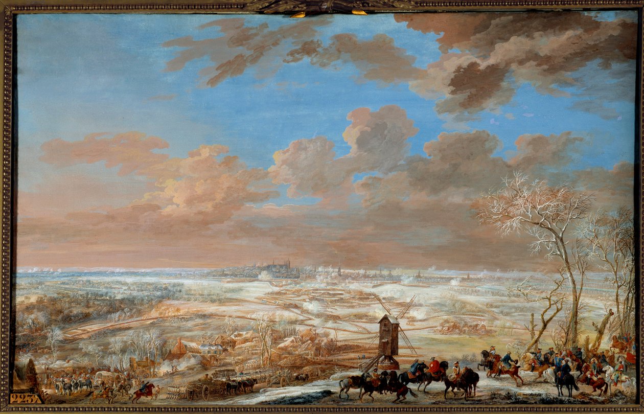 حرب خلافة النمسا (1741-1748): "" حصار بروكسل تحت الجليد من قبل مارشال ساكسونيا من 7 إلى 20 فبراير 1746 "" الغواش لويس نيكولاس فان بلارينبيرغي (1716-1794) 1781 صن. 0،59x0،94 م متحف فرساي للقلعة بواسطة Louis Nicolas van Blarenberghe
