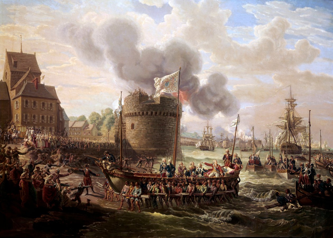 King Louis XVI visits the works of the port of Cherbourg on 23/06/1786 Painting by Louis Philippe Crepin (1772-1851) 1786 Paris, Musee du Louvre. بواسطة لويس فيليب كريبين