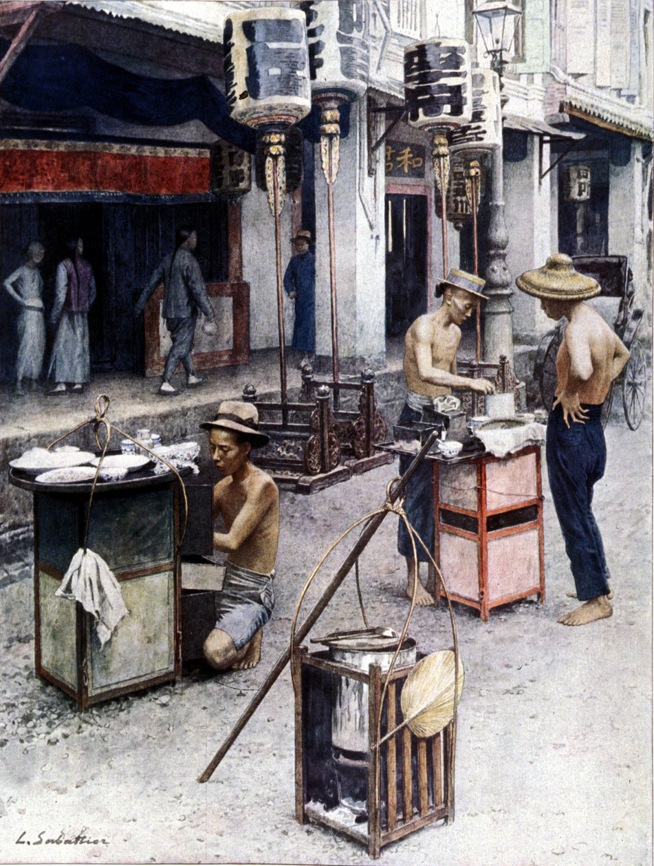 مطاعم متنقلة في الحي الصيني بسنغافورة. رسم توضيحي من قبل L. Sabatier. القرن ال 19. بواسطة لويس ريمي ساباتييه