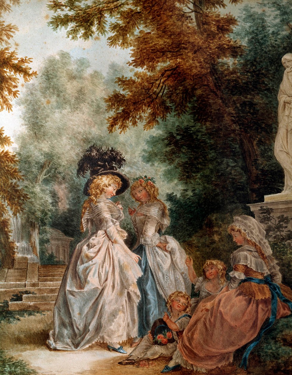 Walk in the park Elegant Young Women during a moment of relaxation in a garden. Watercolour by Louis Trinquesse (1746-1800) 18th century. Paris, Musee Carnavalet بواسطة لويس رولاند ترينكوس