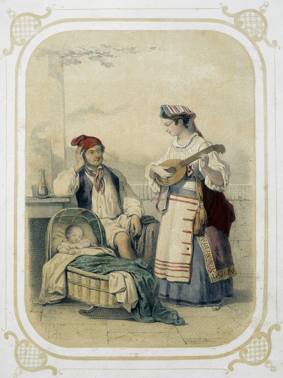 Family in the Kingdom of Naples, Italy - in “” Album du jeune voyageur””, illustrated by Louis Lassalle بواسطة لويس سيمون لاسال