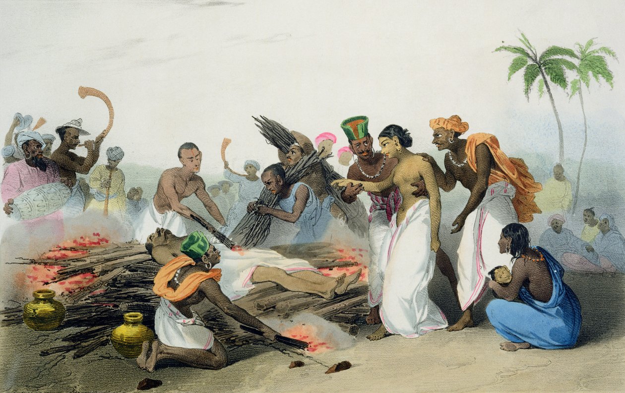 Suttee ، اللوحة 3 من الكتاب 15 من "جزر الهند" بواسطة ME Burnouf ، منقوش بواسطة Jean Henri Marlet (1770-1848) and Co.، 1827-35 بواسطة لويس توماس بارديل