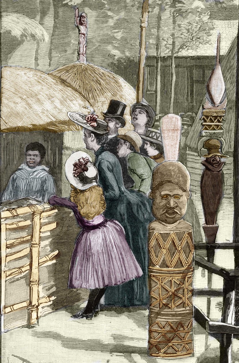 معرض يونيفرسال 1889 - Le Village canaque à l'Esplanade des Invalides (القاناك المعروضة أثناء المعرض: حديقة الحيوانات البشرية) - رسم لويس تينير (1861-1942) - في "Le Monde Illustré" "" بتاريخ 22/7/1889 . بواسطة لويس تينايير