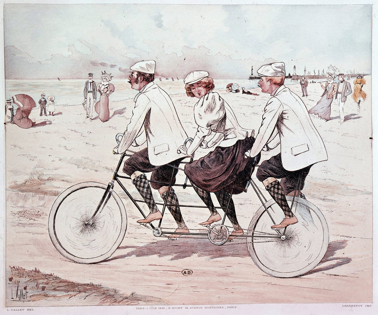 Tandem, three people cycling on the beach - drawing by L. Vallet بواسطة لويس فاليه