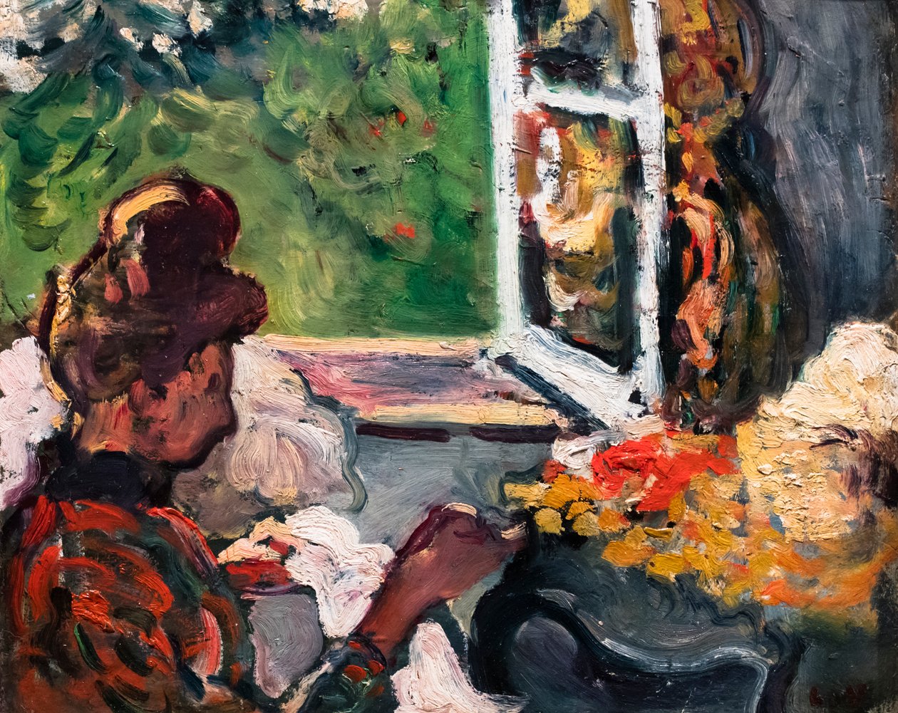 امرأة تجلس بجانب النافذة، التفاصيل، حوالي عام 1903 (زيت على ورق مقوى) بواسطة لويس فالتات