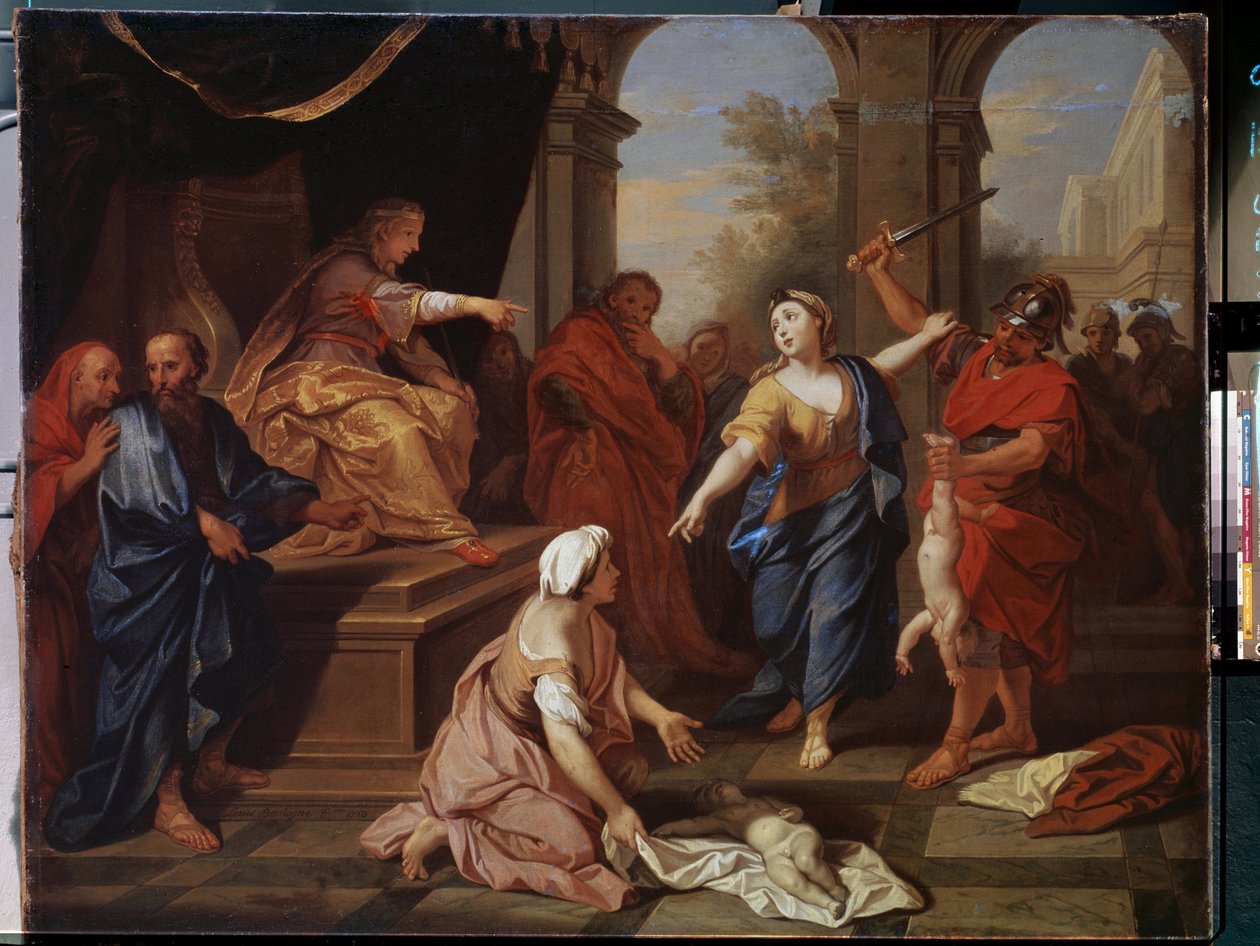 "" قضاء سليمان "" تدعي امرأتان أنهما أم لطفل واحد. لوحة لويس دي بولون الأصغر (1654-1733) 1710 متحف بوشكين ، موسكو بواسطة لويس دي بولون