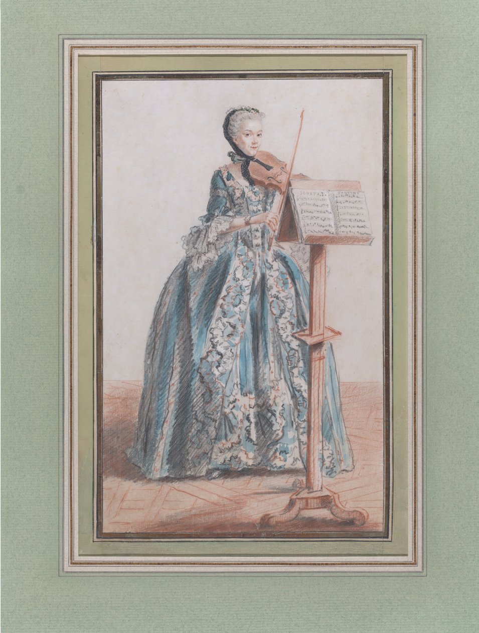 امرأة تعزف على الكمان ، من الأمام ، كاليفورنيا. 1758-59. بواسطة لويس دي كارمونتيل