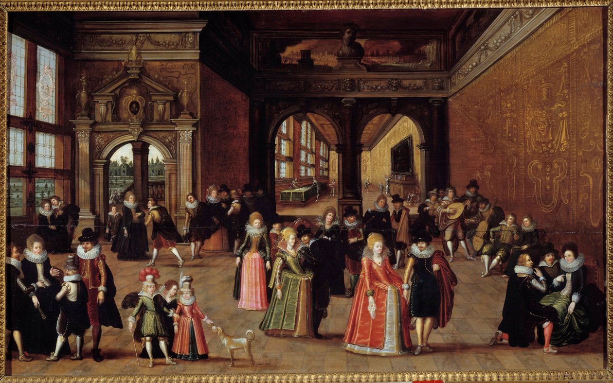 Bal at the court of Henri IV. Painting by Louis De Caulery (known as the Master of the Book of Sketches of Leningrad) (ca. 1580-after 1621), circa 1610. Oil on wood. Dim: 0.50 X 0.98m. Rennes, Museum of Fine Arts بواسطة لويس دي كوليري