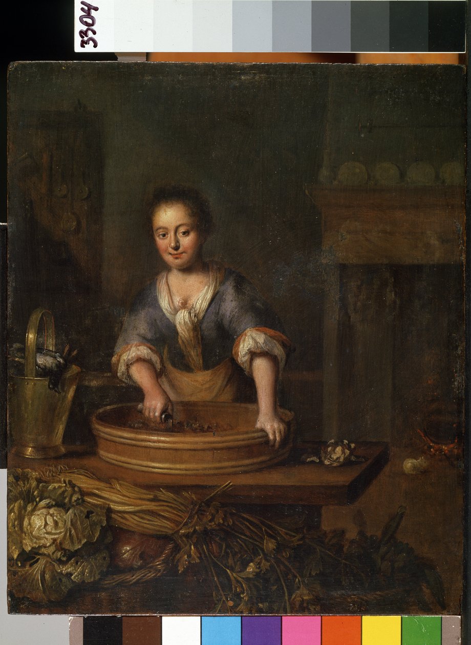 "" الطباخ "(الطباخ) طباخ شاب في مطبخ ريفي يحضر الملفوف. لوحة لويس دي موني (1698-1771) متحف ميكالوجوس كونستانتيناس كورليونس للفنون الجميلة ، كاوناس ، ليتوانيا بواسطة لويس دي موني
