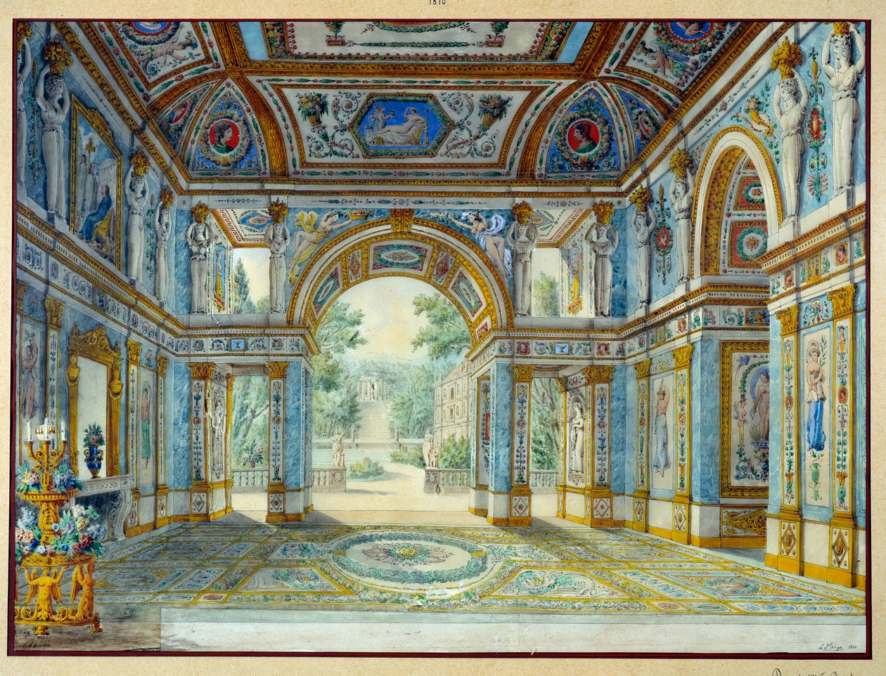 رواق قصر يفتح على حديقة. نقش لويس دي سانت أنج (1780-1831) بواسطة لويس دي سانت آنج ديسميسون