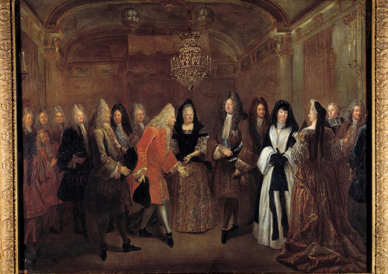 استقبل الملك لويس الرابع عشر (1638-1715) الأمير فريدريك أوغسطس من ساكسونيا من إليزابيث شارلوت دورليانز في 27/09/1714 في قلعة فونتينبلو. لوحة لويس دي سيلفستر (1675-1760) 1715 خافت. 1،20 x 1،55 م بواسطة لويس دي سيلفستر