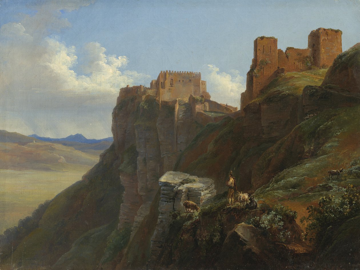 منظر لقلعة سان جوليانو ، بالقرب من تراباني ، صقلية ، 1824-6 بواسطة لويز جوزفين سارازين دي بلمونت