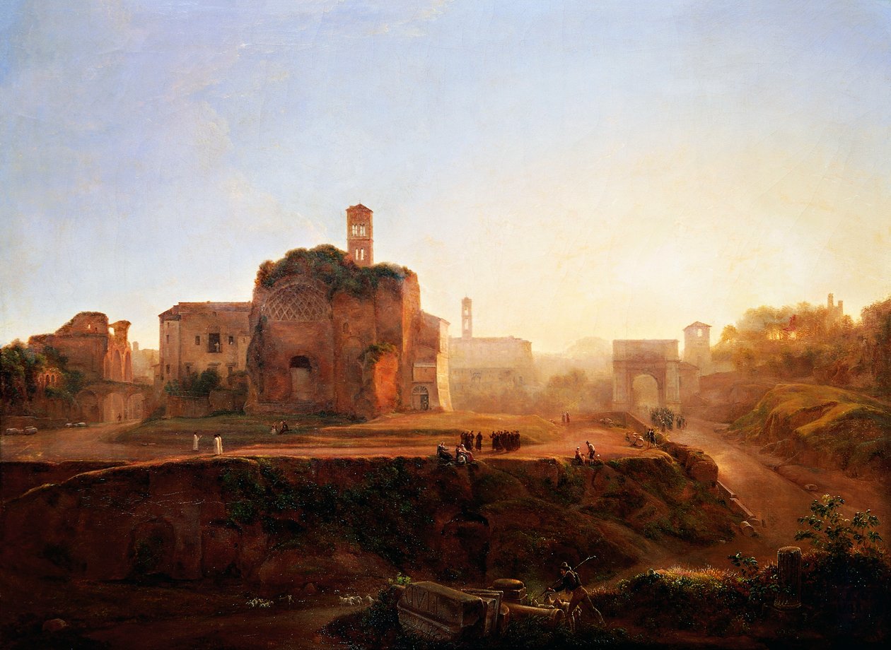 View of the Forum in the evening, by Louise-Josephine Sarazin de Belmont (1790-1870) بواسطة لويز جوزفين سارازين دي بلمونت