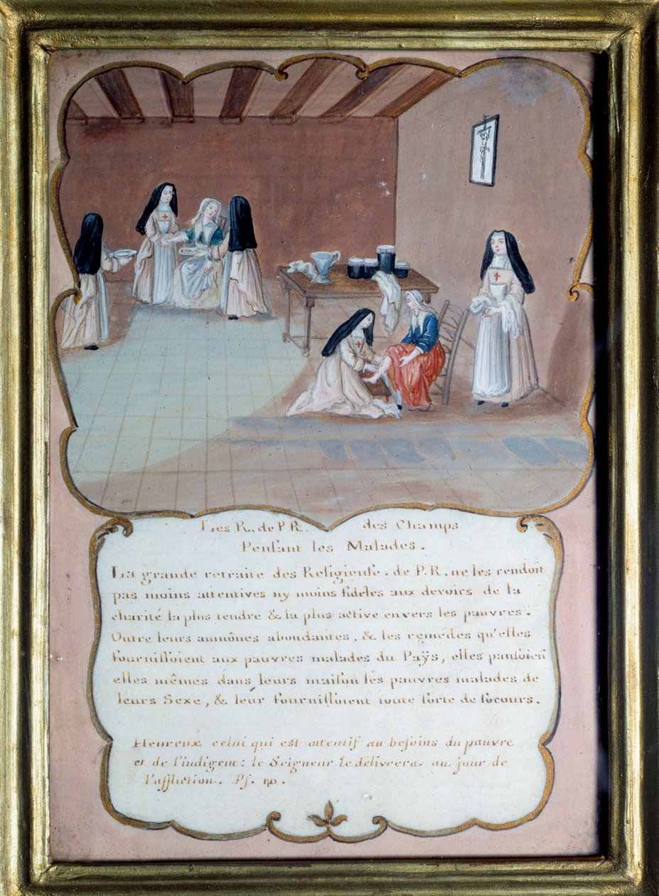 Jansenism "" ديني لدير Port royal des Champs (Port-Royal-des-Champs) رعاية المرضى "". غواش مجهول بعد ظهور لويز مادلين كوشين (1686-1767) لأول مرة في القرن الثامن عشر. بورت رويال ، متحف ديس جرانجز. بواسطة لويز مادلين (بعد) كوشين