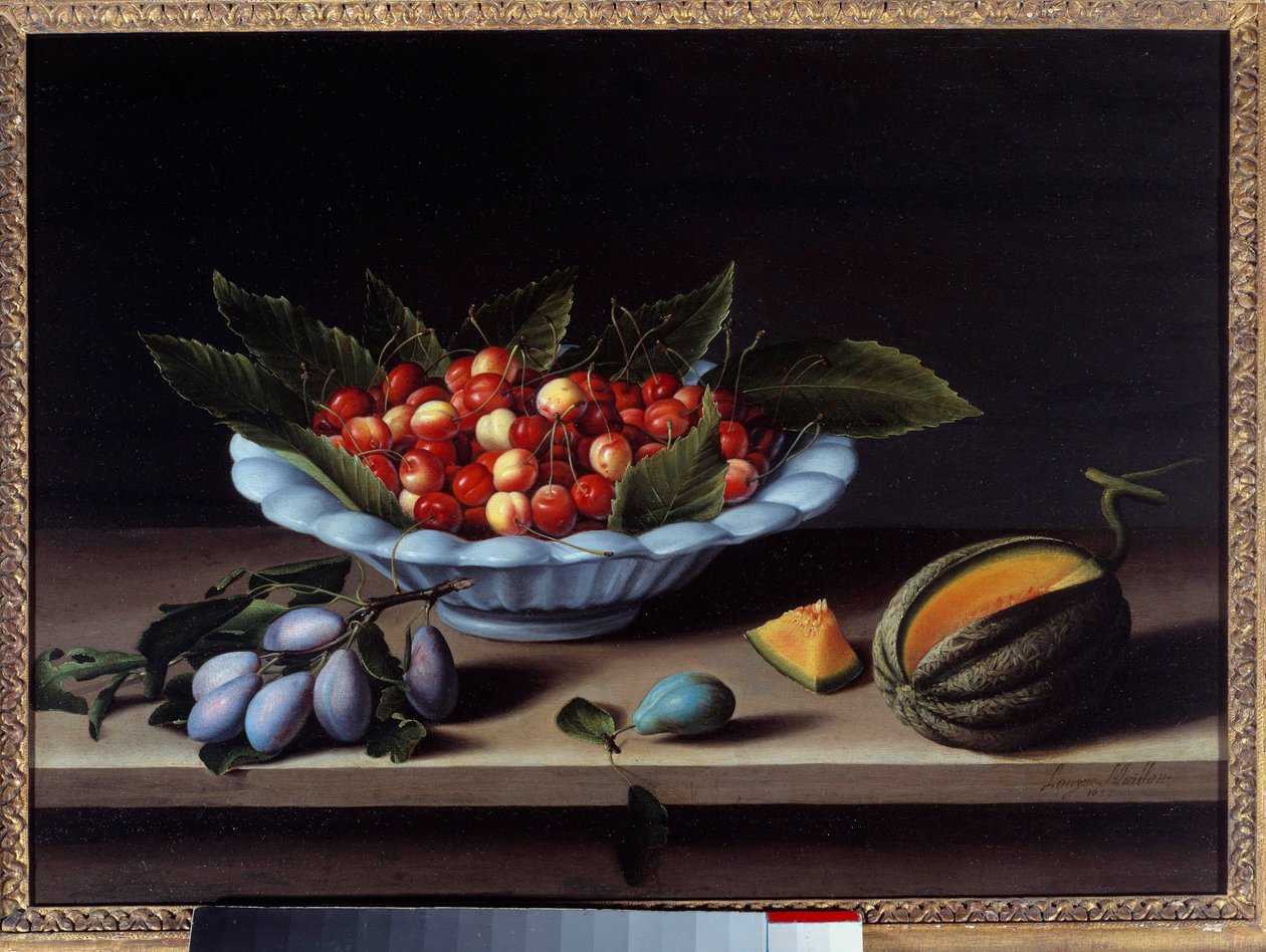 كوب من الكرز والخوخ والبطيخ لوحة لويز مويلون (1610-1696) 1633 صن. 0،48 × 0،65 م بواسطة لويز مويلون