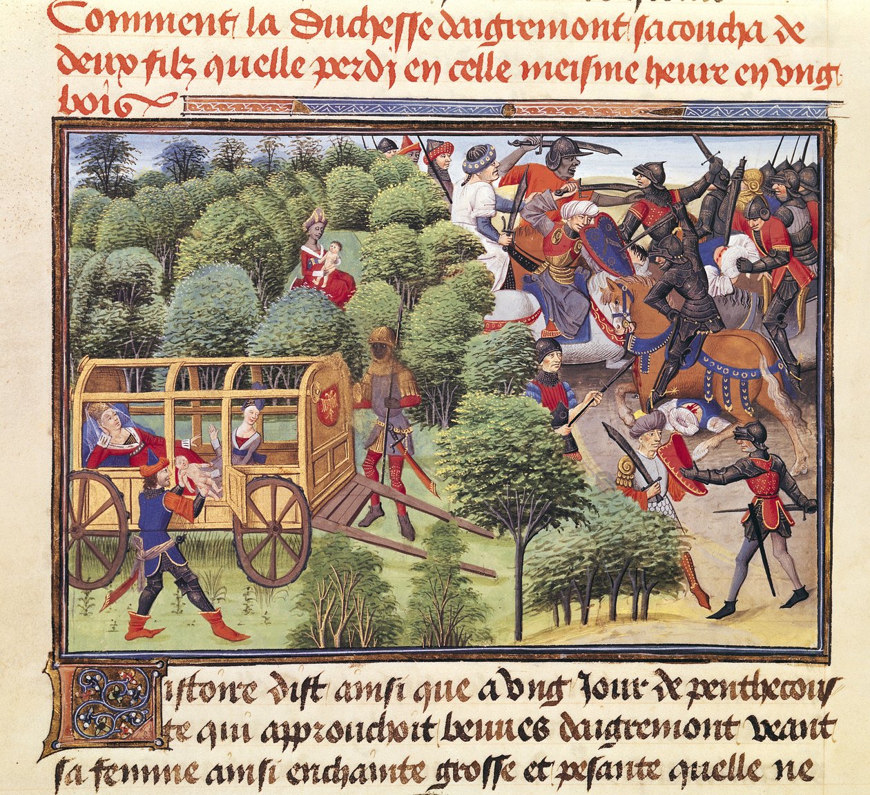 Ms 5072 f.6v كيف أنجبت دوقة Aigremont ولدين وفقدتهما في نفس الساعة في خشب من دورة رينود دي مونتوبان بواسطة لويست ليدت