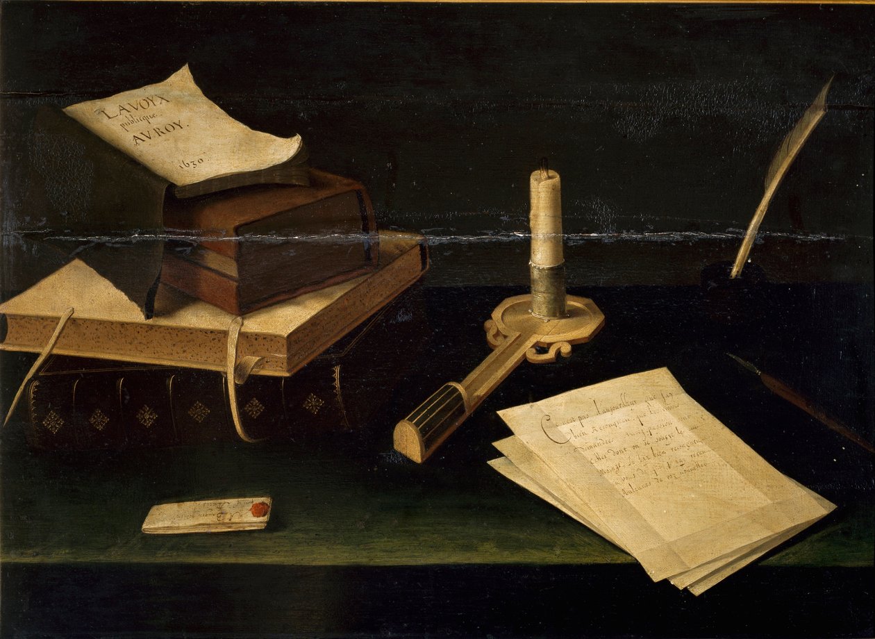 الحياة الساكنة للكتب والريش والحروف والرسم بالشموع بواسطة لوبين باوجين (1610-1663) من القرن السابع عشر روما غاليريا سبادا بواسطة لوبين بوجين