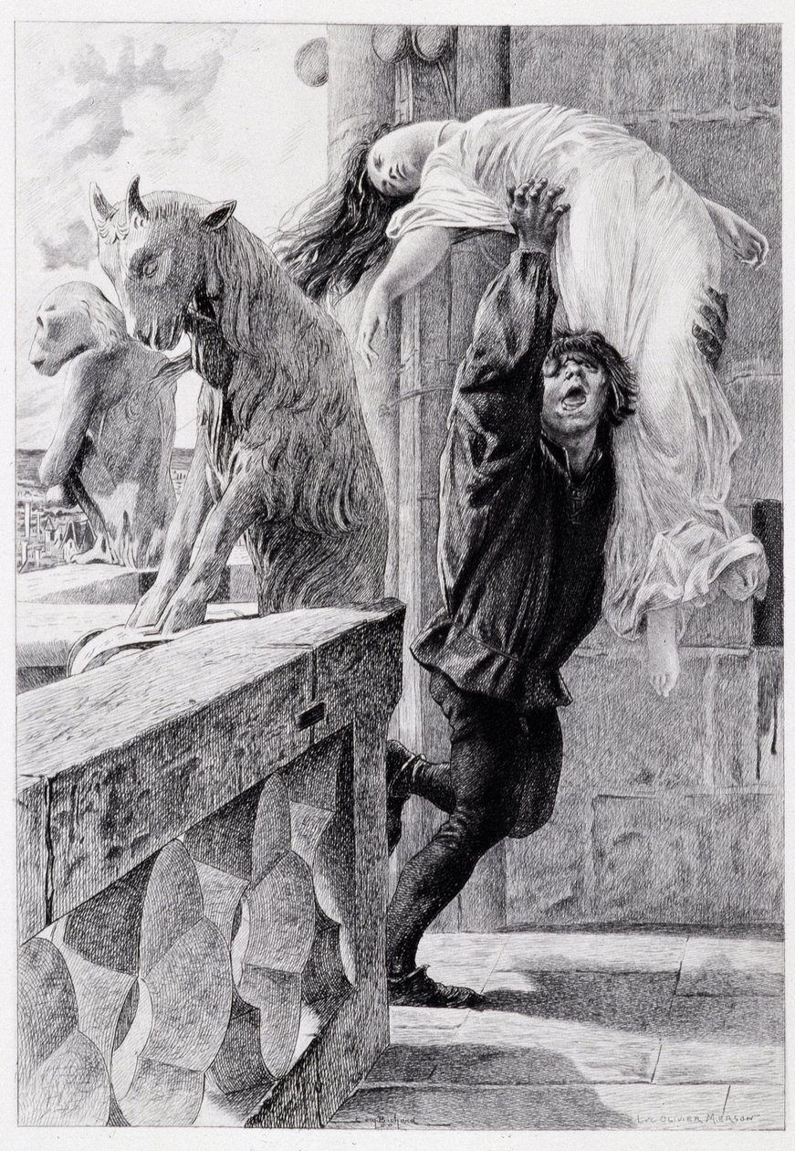 Quasimodo ableve Esmeralda - في "Notre Dame de Paris" بقلم فيكتور هوغو بواسطة Luc Olivier Merson ، نقش بواسطة Gery Bichard ، محرر. إي تستارد ، باريس بواسطة لوك أوليفر ميرسون