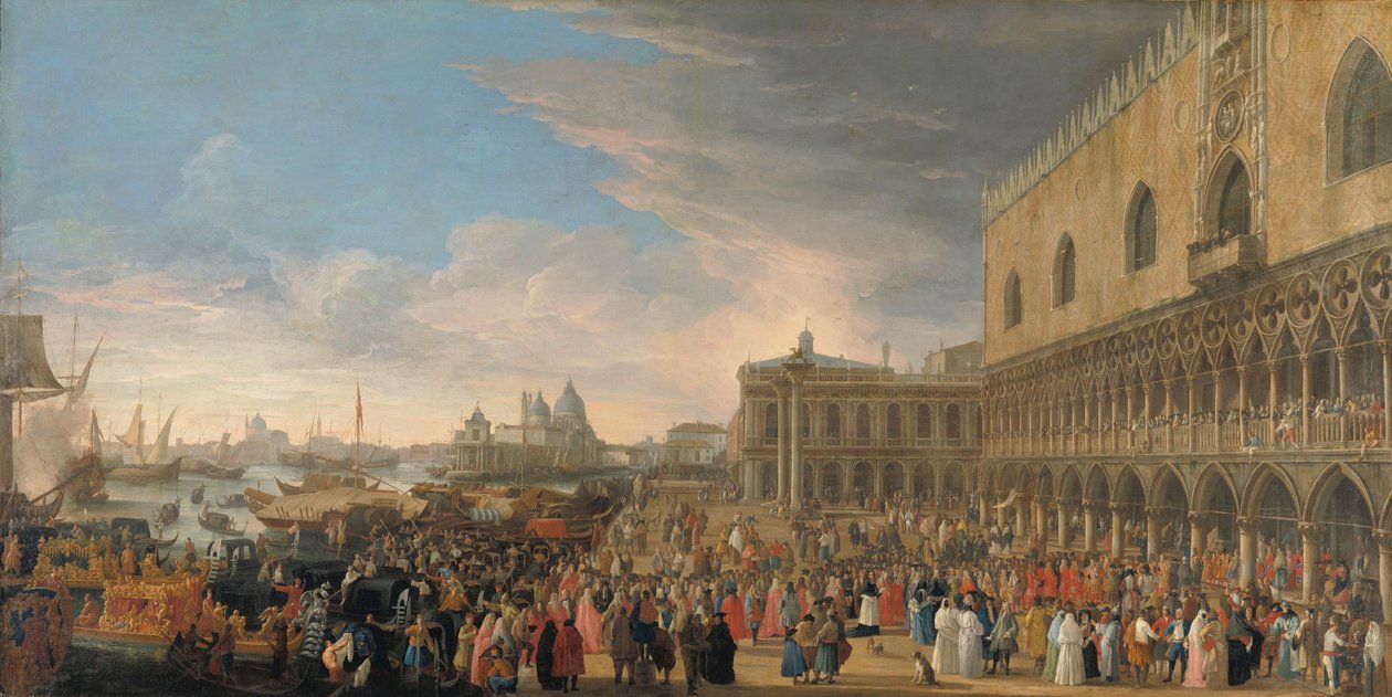 دخول السفير الفرنسي إلى البندقية عام 1706 الدخول الاحتفالي لـ Henri-Charles Arnauld de Pomponne ، المعروف باسم Abbé de Pomponne ، إلى البندقية كسفير فرنسي في 10 مايو 1706 بواسطة لوكا كارليفاريجس