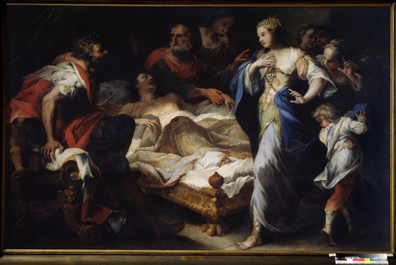 "" Antiochus (ou Antiochos) et Stratonice (ou Stratonike) "" (Antiochus and Stratonice) Antiochus ، ابن الملك Seleucus (أو Seleucus) I Nicator يعالج من قبل الطبيب Erasistratus of Ceos من مرض بسبب حبه لـ Stratonice ، زوجة والده ، بواسطة لوكا جيوردانو