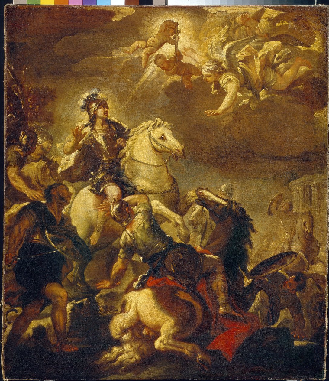 ظهور الصليب للإمبراطور قسطنطين (Flauius Valerius Aurelius Constantinus ، 272-306). (ظهور الصليب للإمبراطور قسطنطين). لوحة لوكا جيوردانو (1632-1705) ، زيت على قماش ، حوالي 1680. الفن الإيطالي (نابولي) بواسطة لوكا جيوردانو
