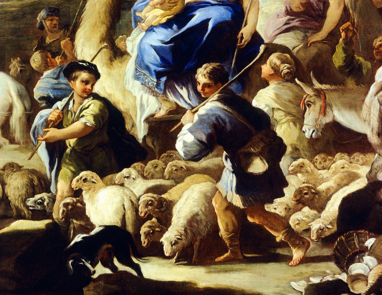 الأغنام والرعاة ، تفاصيل من رحيل ريبيكا إلى كنعان ، بقلم لوكا جيوردانو (1634-1705) ، زيت على النحاس ، 59 × 85 سم بواسطة لوكا جيوردانو