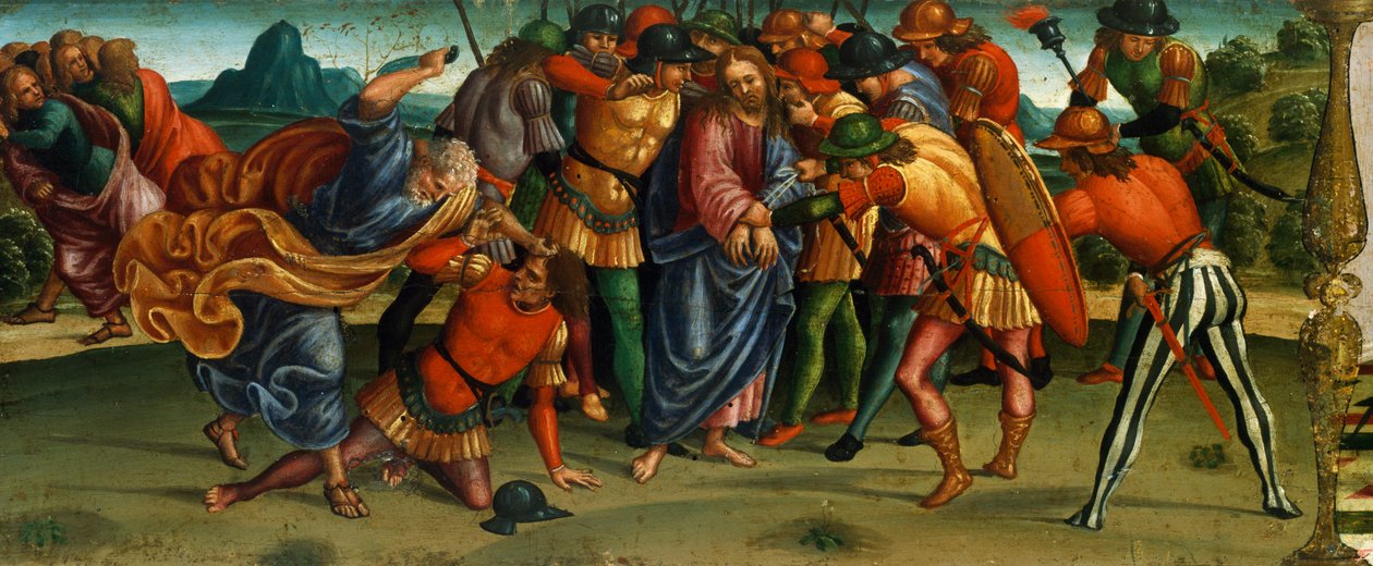 القبض على المسيح ، تفاصيل من بريلا للرثاء على المسيح الميت بواسطة لوكا سينيوريلي (1441-50-1523) ، تمبرا على خشب ، 270 × 240 سم بواسطة لوكا سينيوريلي
