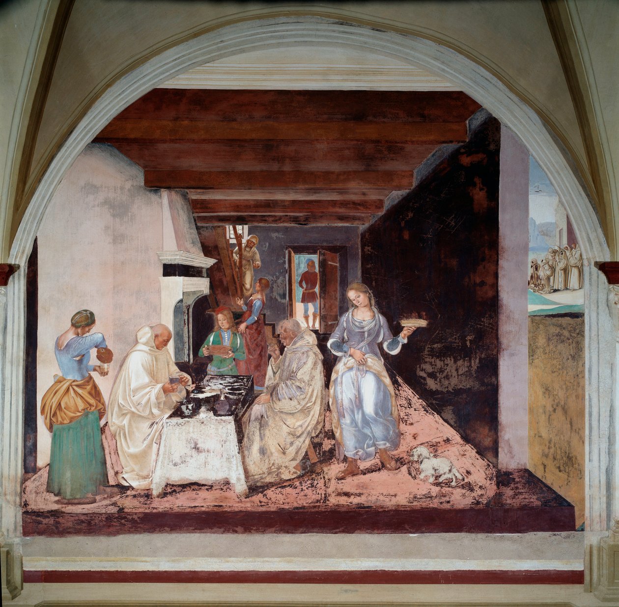 حياة القديس بنديكتوس نورسي (حوالي 480-547): "كيف أخبر بنديكت الرهبان أين ومتى يخطط لتناول الطعام خارج الدير" (كيف أخبر بنديكت الرهبان أين ومتى من المخطط تناول الطعام خارج الدير) أنتجت في الهواء الطلق من الدير بواسطة لوكا سينيوريلي