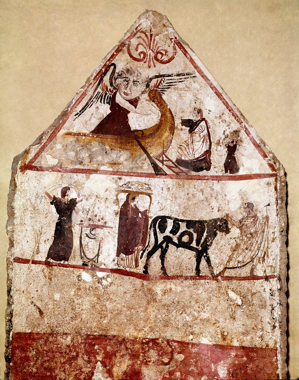 A bull leads on the altar of the sacrifice Lucanian fresco from the 4th century BC, from the necropolis of Andriuolo in Paestum, Italy. Museo nazionale archeologico, Paestum بواسطة مدرسة Lucanian