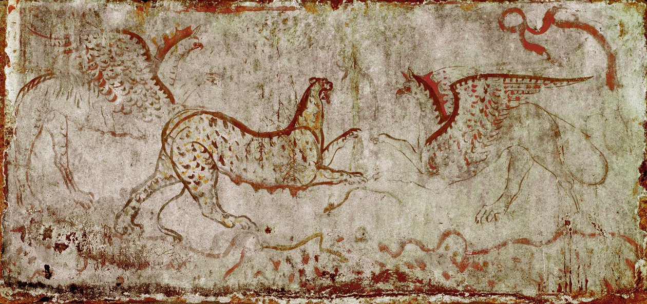 A fight between a panthere and a griffon Lucanian fresco from the 4th century BC, from the tomb of the Horseman, necropolis of Paestum, Italy. Museo nazionale archeologico, Paestum بواسطة مدرسة Lucanian