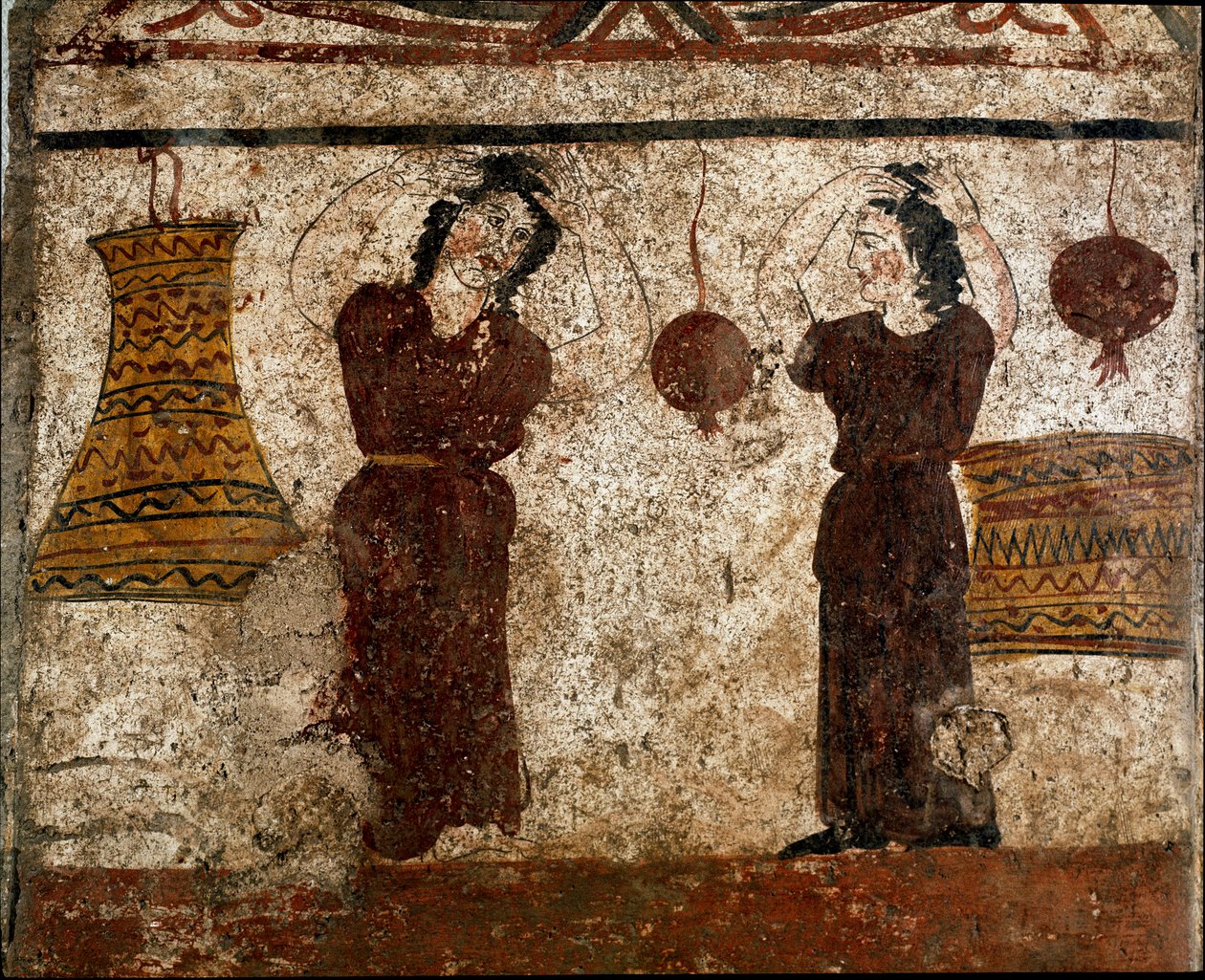 مجموعة من الراقصين خلال طقوس جنائزية Lucanian جدارية من القرن الرابع قبل الميلاد ، من مقبرة Paestum ، إيطاليا. Museo nazionale archeologico، Paestum بواسطة مدرسة Lucanian
