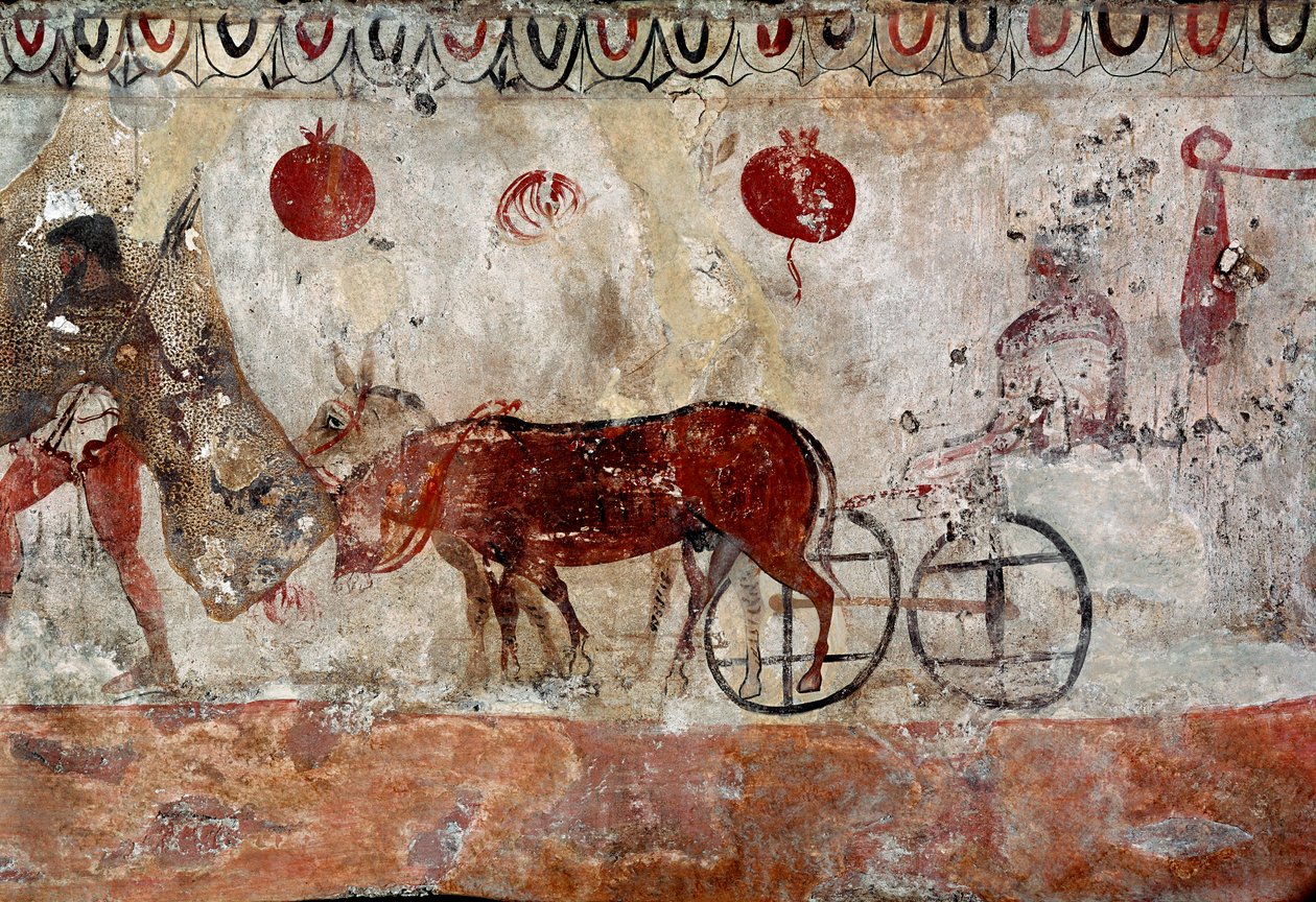 A herd keeper and two donkeys Lucanian fresco from the 4th century BC, from the necropolis of Paestum, Italy. Museo nazionale archeologico, Paestum بواسطة مدرسة Lucanian