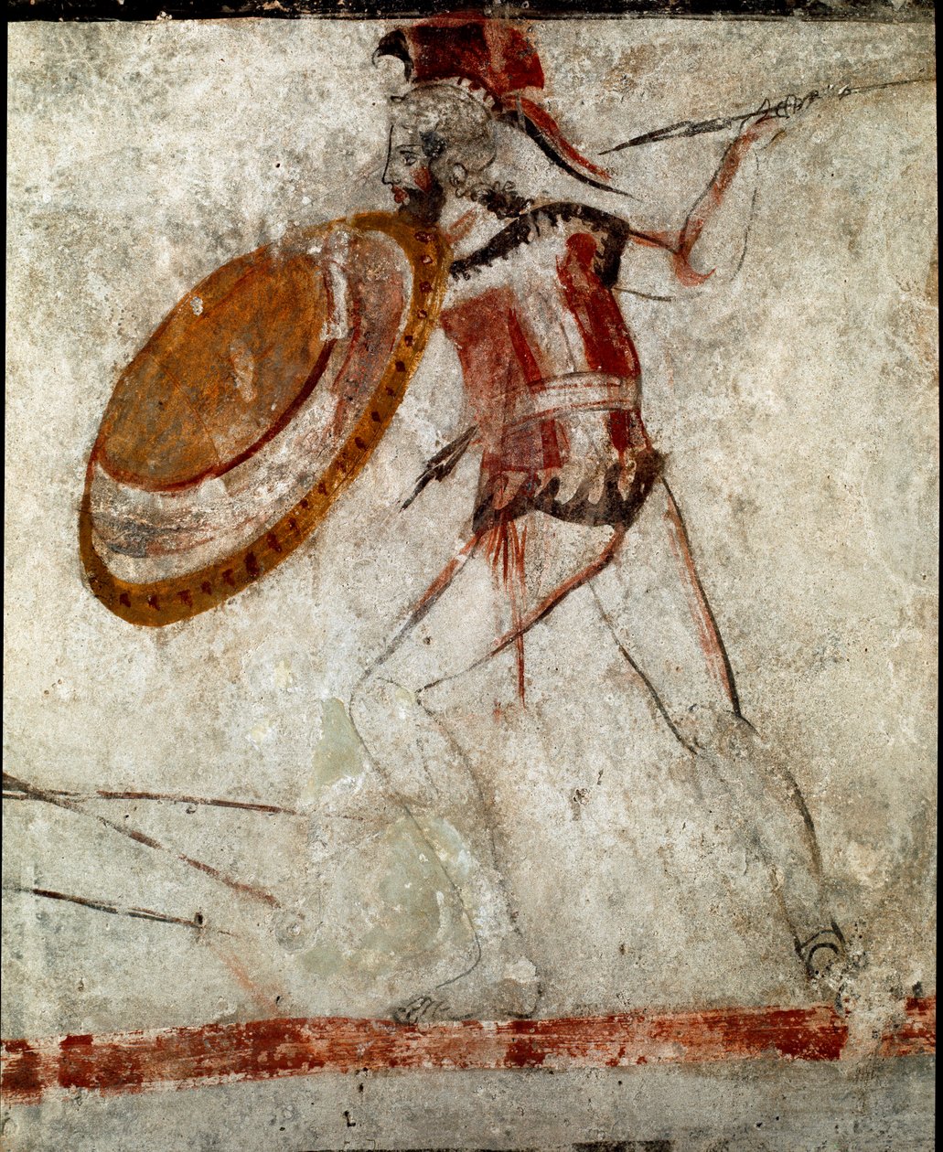 A warrior with a spear and a shield Lucanian fresco from the 4th century BC, from the Tomb of the Horseman, site of Paestum, Italy. Museo nazionale archeologico, Paestum بواسطة مدرسة Lucanian