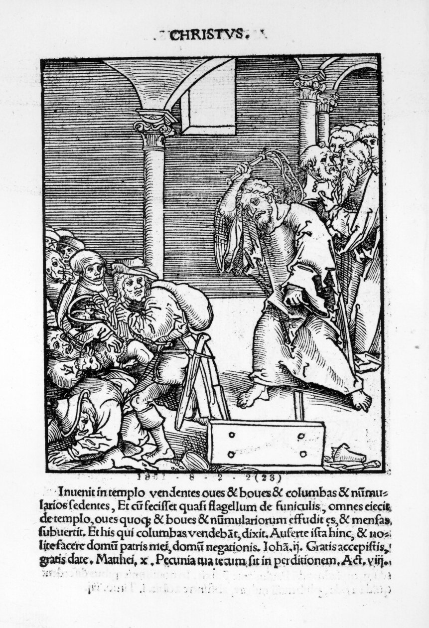 المسيح يقود التجار والمقرضين من المعبد من فيلم "Passional Christi und Antichristi" للمؤلف فيليب ميلانشثون ، نُشر عام 1521 بواسطة لوكاس كراناش الأكبر