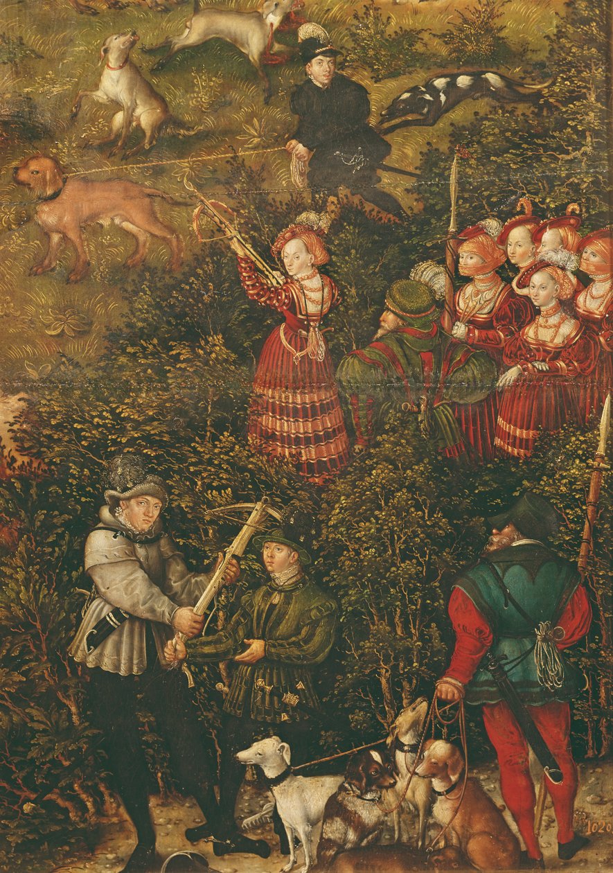 Electress Sybille of Saxony تستعد لاطلاق النار مع قوسها في مطاردة تكريم الإمبراطور تشارلز الخامس بالقرب من قلعة Hartenfels ، Torgau ، 1544 (انظر أيضًا 38682 ، 498129،498131 و 7 بواسطة لوكاس كراناش الأكبر