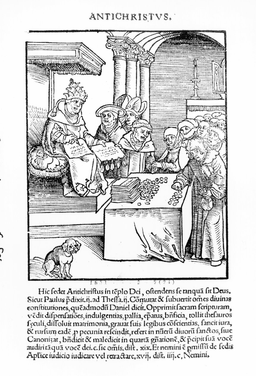 البابا يبيع الانغماس في فيلم "Passional Christi und Antichristi" للمؤلف فيليب ميلانتشثون ، نُشر عام 1521 بواسطة لوكاس كراناش الأكبر