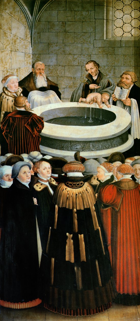 Triptych ، اللوحة اليسرى ، فيليب ميلانشثون يقوم بمعمودية بمساعدة مارتن لوثر. لوحة مركزية ، العشاء الأخير مع لوثر بين الرسل ؛ اللوحة اليمنى ، لوثر يجعل اعترافه. لوثر بواسطة لوكاس كراناش الأكبر