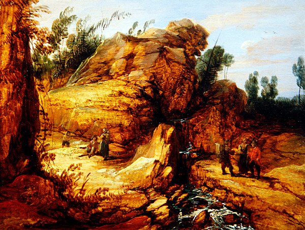 الفلاحون يستريحون بجوار تيار الجبل (زيت على لوح) بواسطة Lucas Achtschellinck