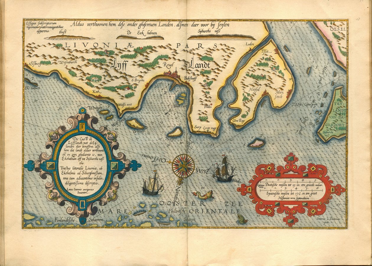 ليفونيا (Nord de la Lituanie actuelle) - خريطة ليفونيا (Die custe va Lijfflandt met de Islands daer beneffens ...) - Waghenaer، Lucas Jansz. (1533 / 34-1606) - 1586 - حفر على النحاس ، ألوان مائية - مجموعة خاصة بواسطة Lucas Janszoon Waghenaer