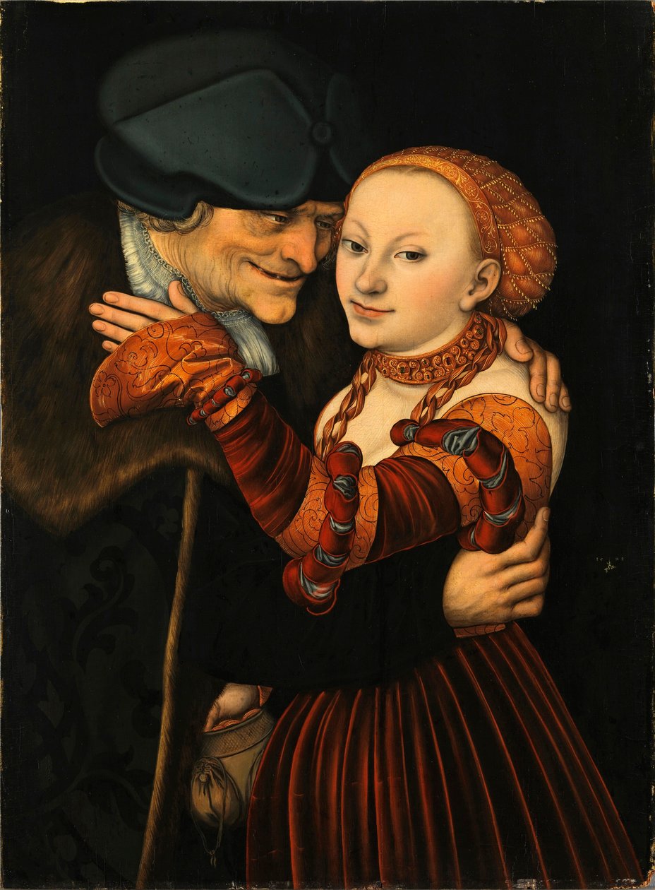 "" Le couple mal assorti "(الزوجان غير المتكافئين) لوحة للوكاس كراناش الأكبر (1472-1553) 1528 - زيت على خشب - خافت 77x57 سم Fraenkische Galerie ، Kronach بواسطة لوكاس الأكبر كراناش