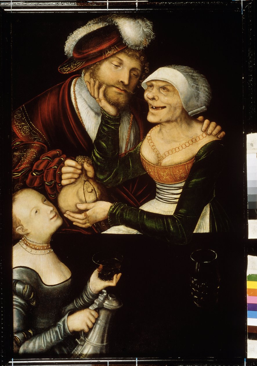 "The Procure" (الوكيل) قواد عجوز عديم الأسنان يأخذ محفظة العميل مقابل مقابلة مع عاهرة. لوحة لوكاس كراناش الأكبر (1472-1553) حوالي 1530 متحف الدولة الجورجي للفنون ، تفليس (تبليسي) جورجيا بواسطة لوكاس الأكبر كراناش