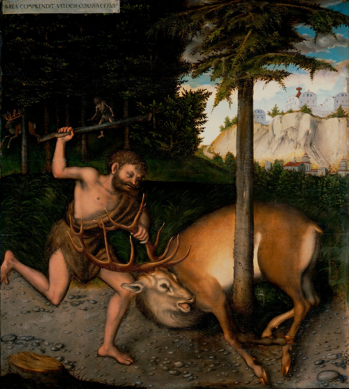 Les travaux d'Hercule: Hercule et la biche de Cerynie - هرقل يلتقط Ceryneian Hind (من The Labors of Hercules) - كرانش ، لوكاس ، الأكبر (1472-1553) - بعد 1537 - زيت على خشب - 110،1 × 98،1 - متحف هرتسوغ أنطون أولريش ، براونشفايغ بواسطة لوكاس الأكبر كراناش