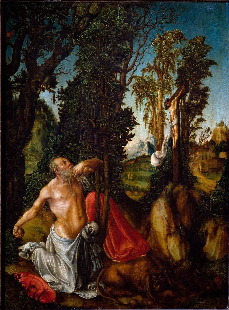 Saint Jerome in Penitence Painting by Lucas Cranach the Elder (1472-1553) 1502 Sun. 55,5x41,5 cm Vienna, Kunsthistorisches Museum بواسطة لوكاس الأكبر كراناش