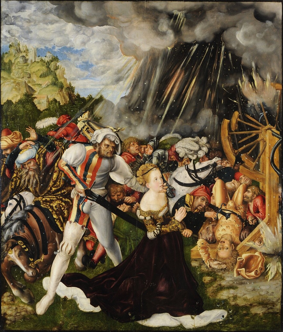 استشهاد القديسة كاترين - Peinture deLucas Cranach the Elder (1472-1553) - حوالي 1504-1509 - زيت على خشب - 112 × 95 - متحف راداي في بودابست بواسطة لوكاس الأكبر كراناش