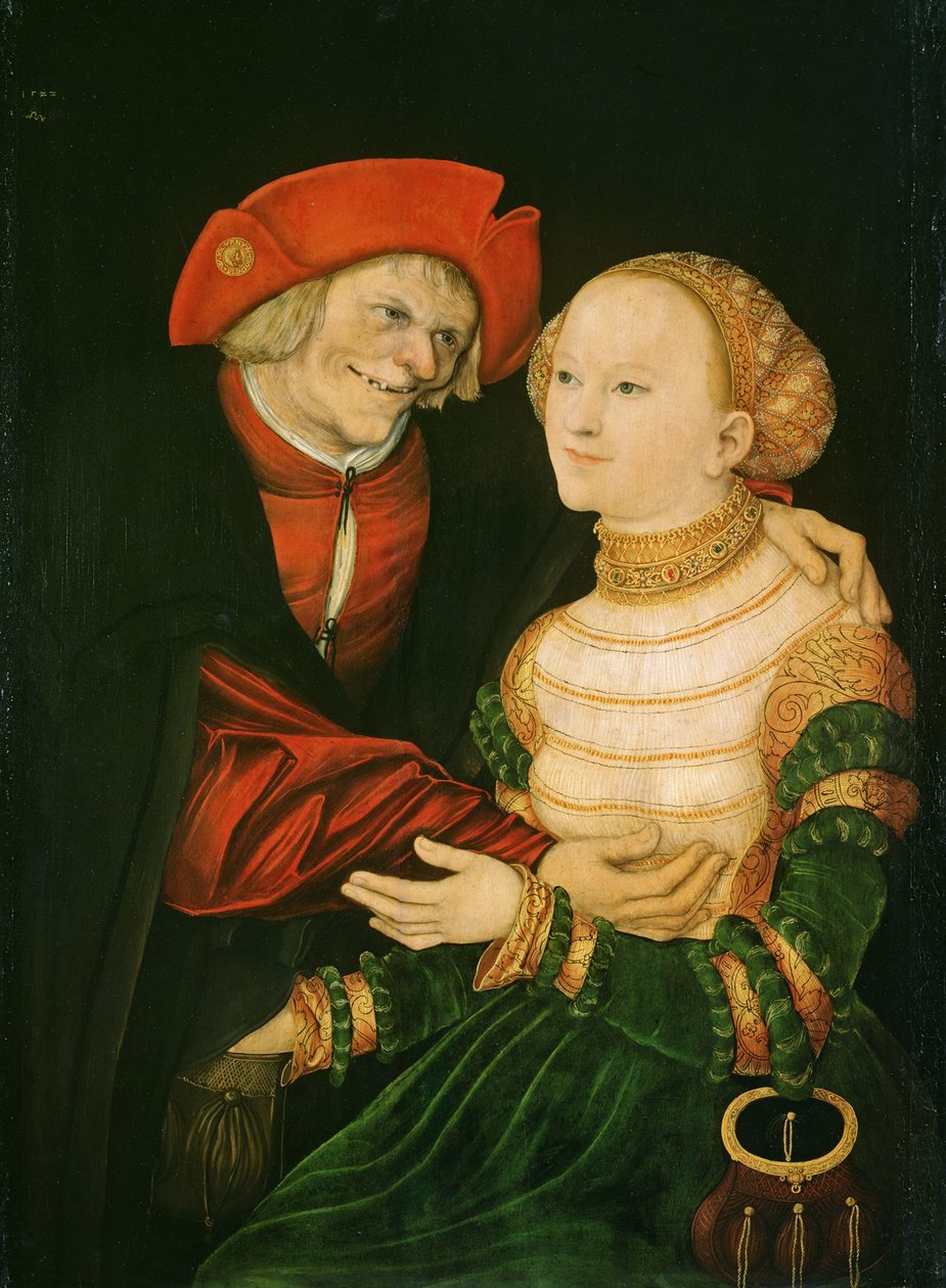 الزوجان غير المتكافئين - Peinture de Lucas Cranach the Elder (1472-1553) - 1522 - زيت على خشب - 84،5x63 - Szepmuveszeti Muzeum ، بودابست بواسطة لوكاس الأكبر كراناش